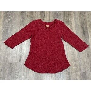 URU Silk Top Womens Medium Red Textured Floral Jacquard Tunic Blouse Lagenlook